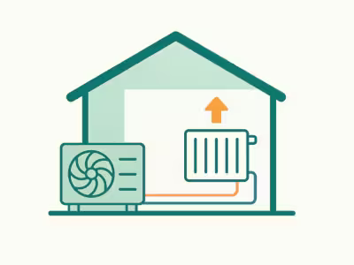 Una ilustración de una vivienda con un equipo exterior de aerotermia y unos radiadores dentro de la casa