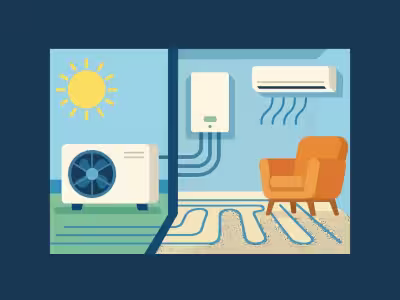 El exterior y el interior de una vivienda, con un sistema de aerotermia en exterior con calor, y fresco en interior