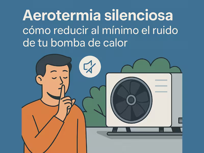 Un dibujo de una máquina de aerotermia junto a uno hombre que se pone el dedo en los labios marcando silencio
