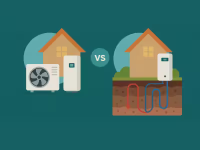 Una casa con aerotermia enfrentada a una imagen con geotermia