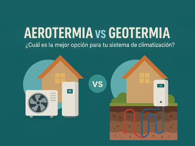 A un lado, una dibujo de una casa con aerotermia, al otro lado enfrentado, una casa con geotermia