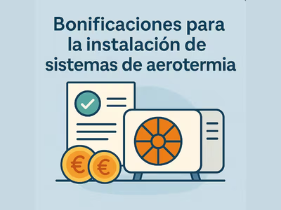 Un dibujo de una factura, unas monedas de euro y una máquina de aerotermia