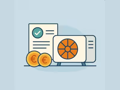 Un dibujo de una máquina de aerotermia junto a una factura y unas monedas