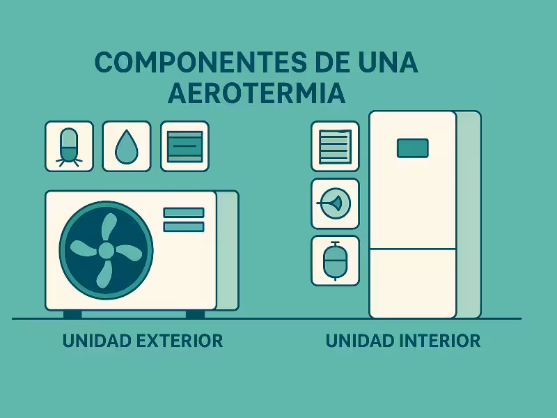 Una ilustración de un equipo interior y exterior de aerotermia.