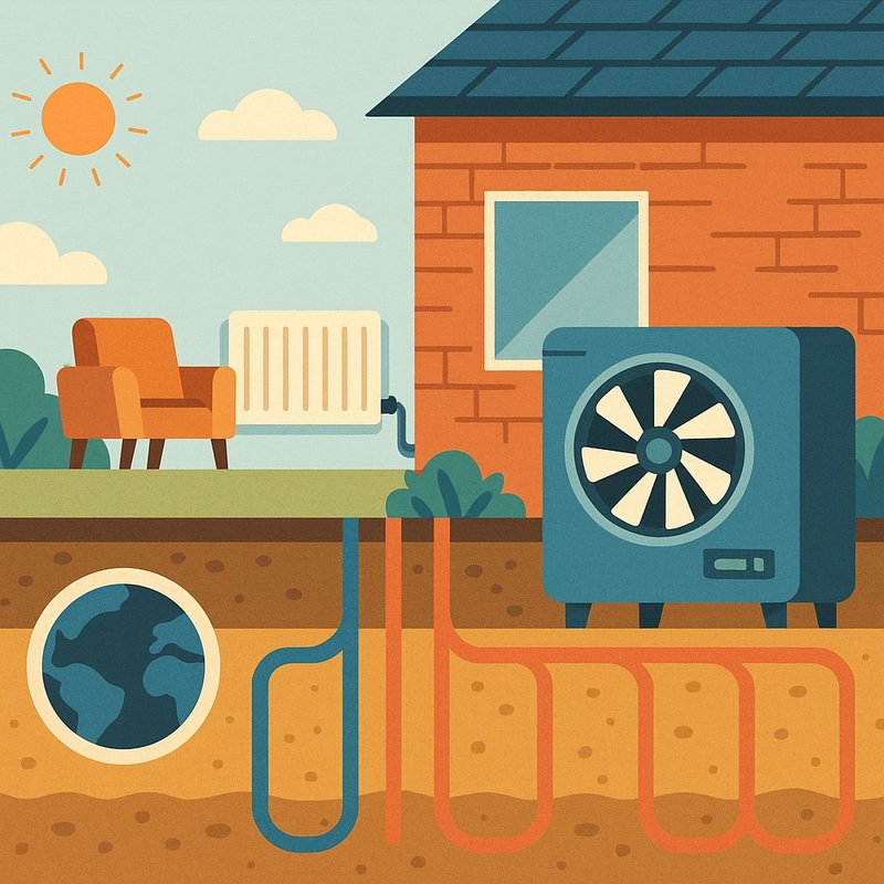 Un dibujo de líneas sencillas que representa el sistema de calefacción de geotermia