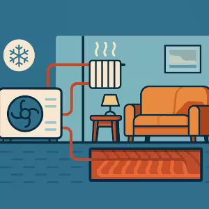 Representación del interior de un hogar con calefacción de aerotermia