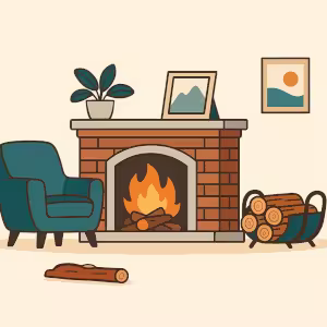 Representación del interior de un hogar con calefacción de leña