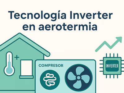 Una ilustración de una vivienda con una unidad exterior de aerotermia y una ilustración de un chip con el texto "inverter"
