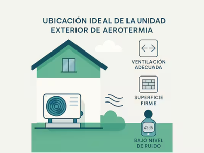 Ilustración del exterior de una casa equipada con aerotermia y el equipo junto con datos comparativos